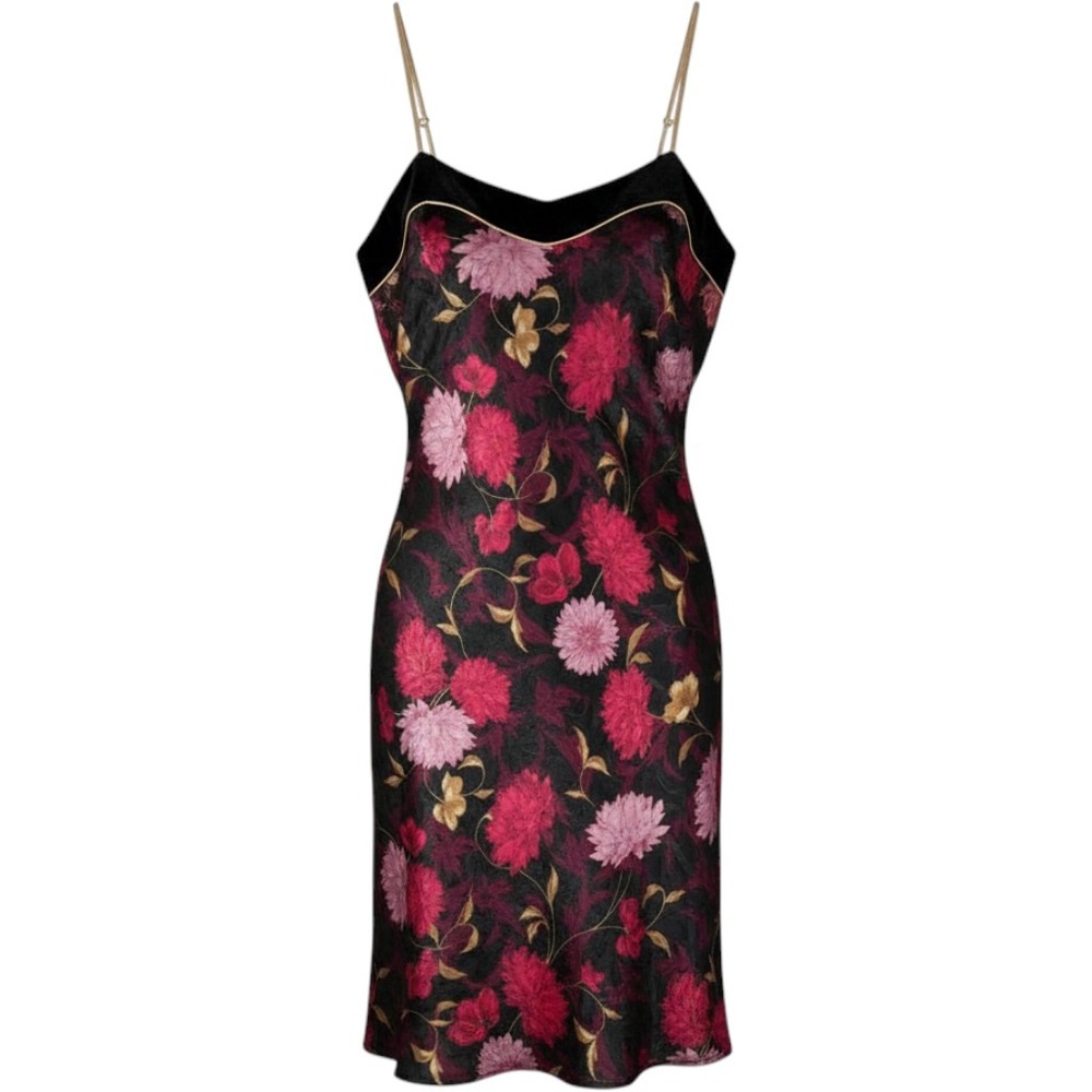 Jones New York Floral Satin Nightgown Black Pink Velvet Trim Sleepwear Small